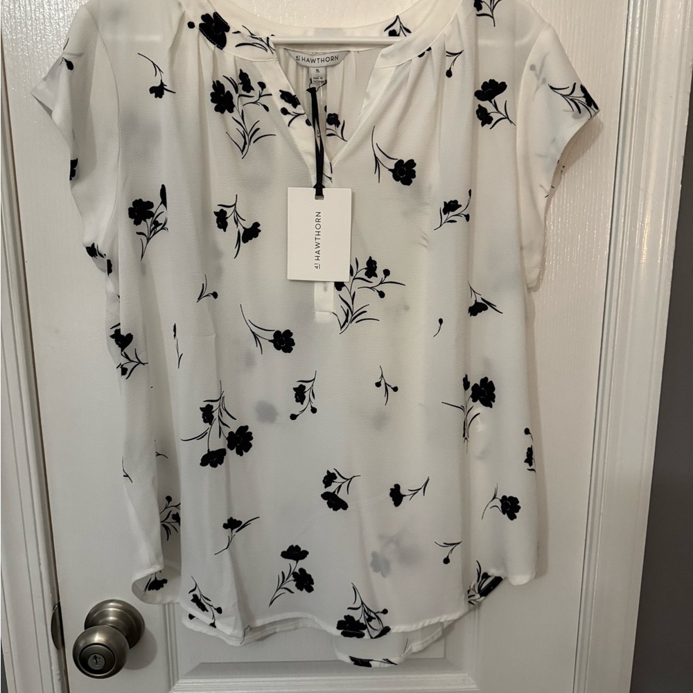 41 Hawthorn White Blouse with Black Floral Design